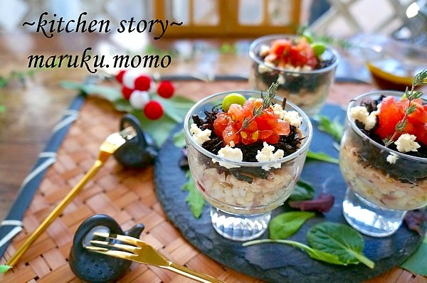 冷酒グラスに詰めた♪和風タブレのオードブル（木綿豆腐でカッテージチーズ風）